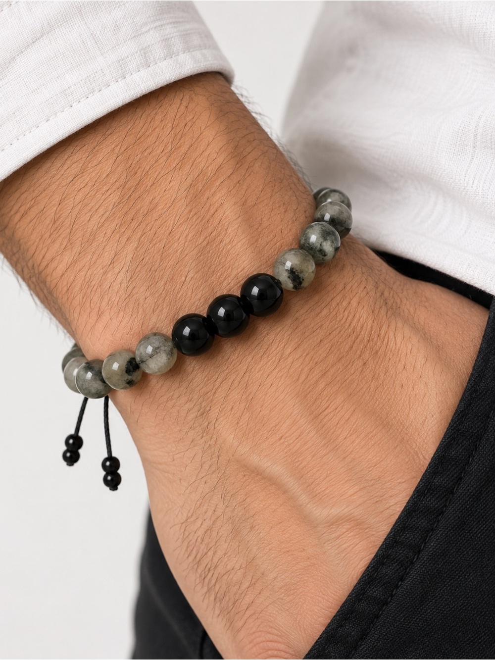 Men's Black and Gray Beaded Stretch Bracelet